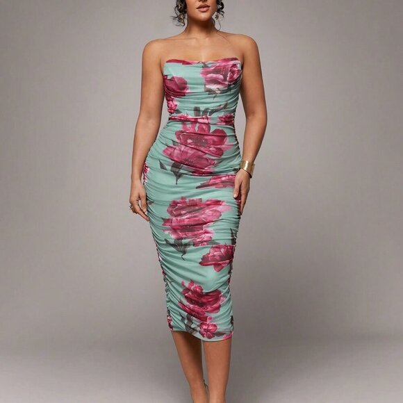Multicolor Elegant Women's Floral Print Bodycon Ruched Dress
